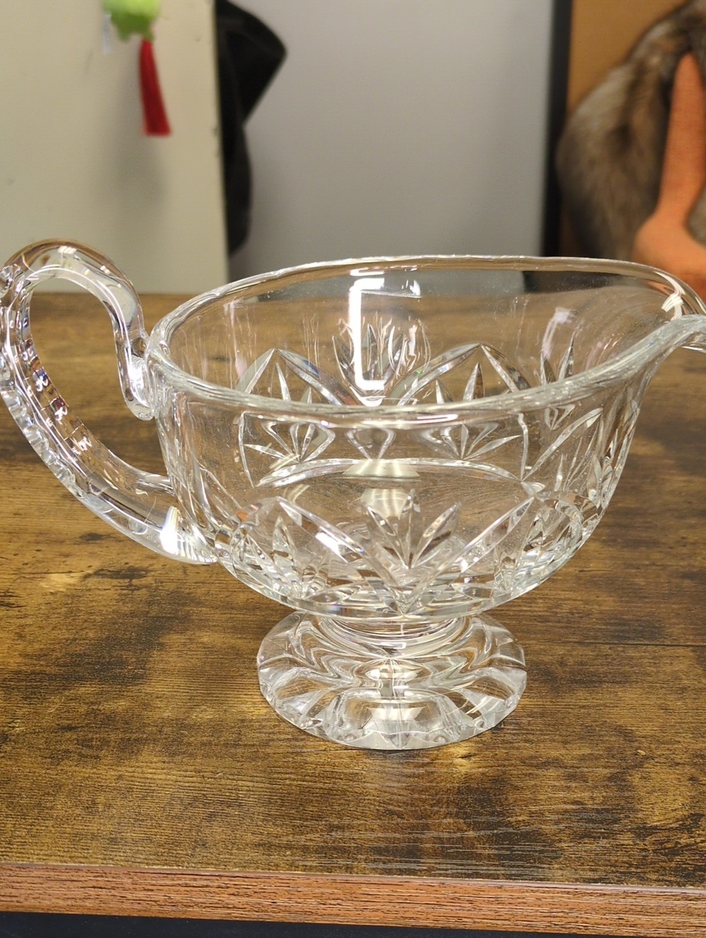 Cut Crystal Pedestal Gravy Boat with Handle